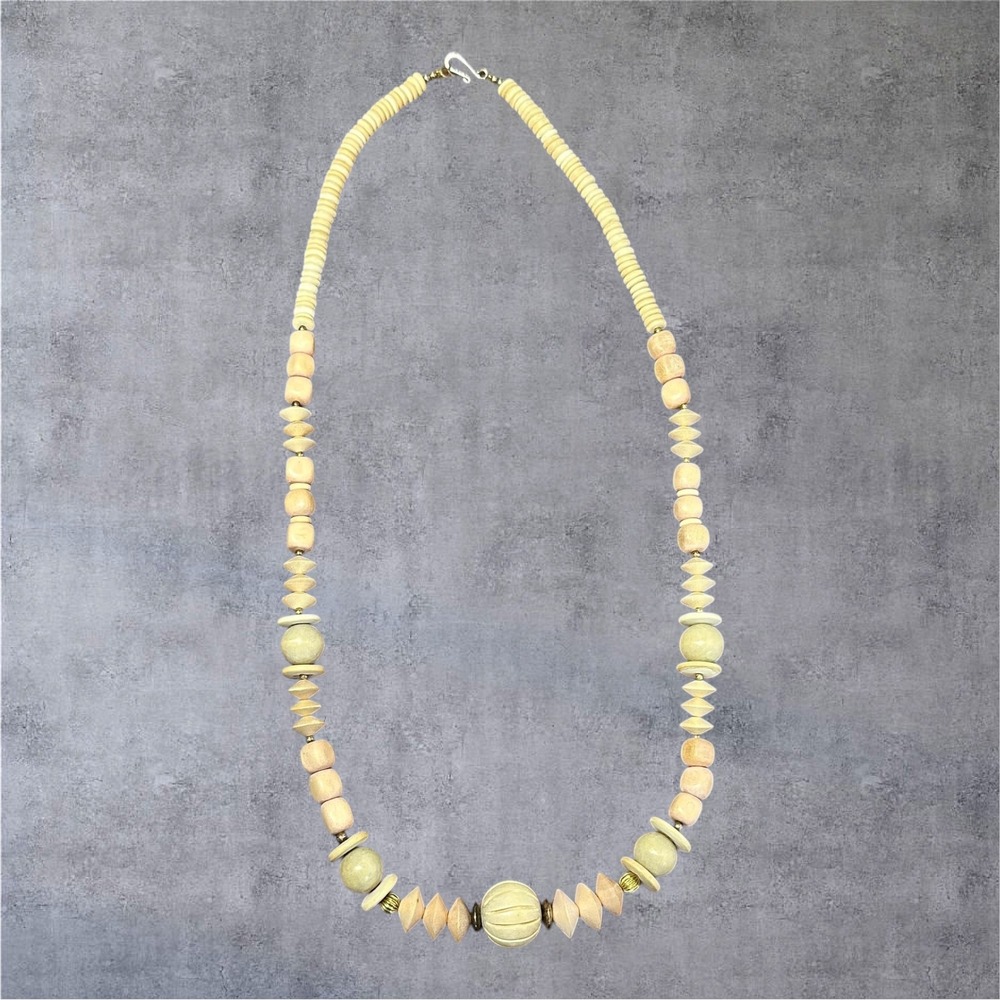 30" Beaded Wood Necklace Multicolor Pastel Cream Tan Sage Boho Statement